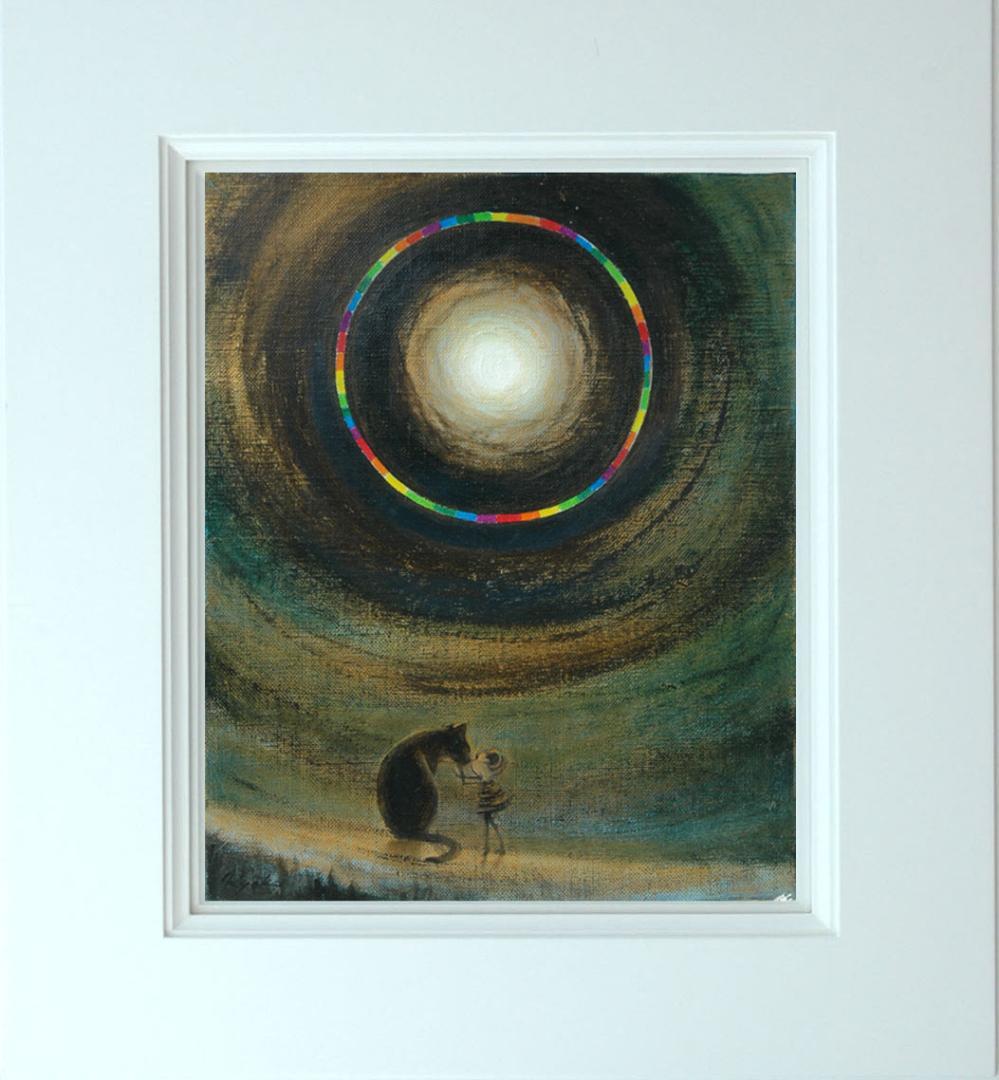 油絵 菅家令子絵 絵画インテリア額付(白) F3-051821 祈り犬猫 女の子