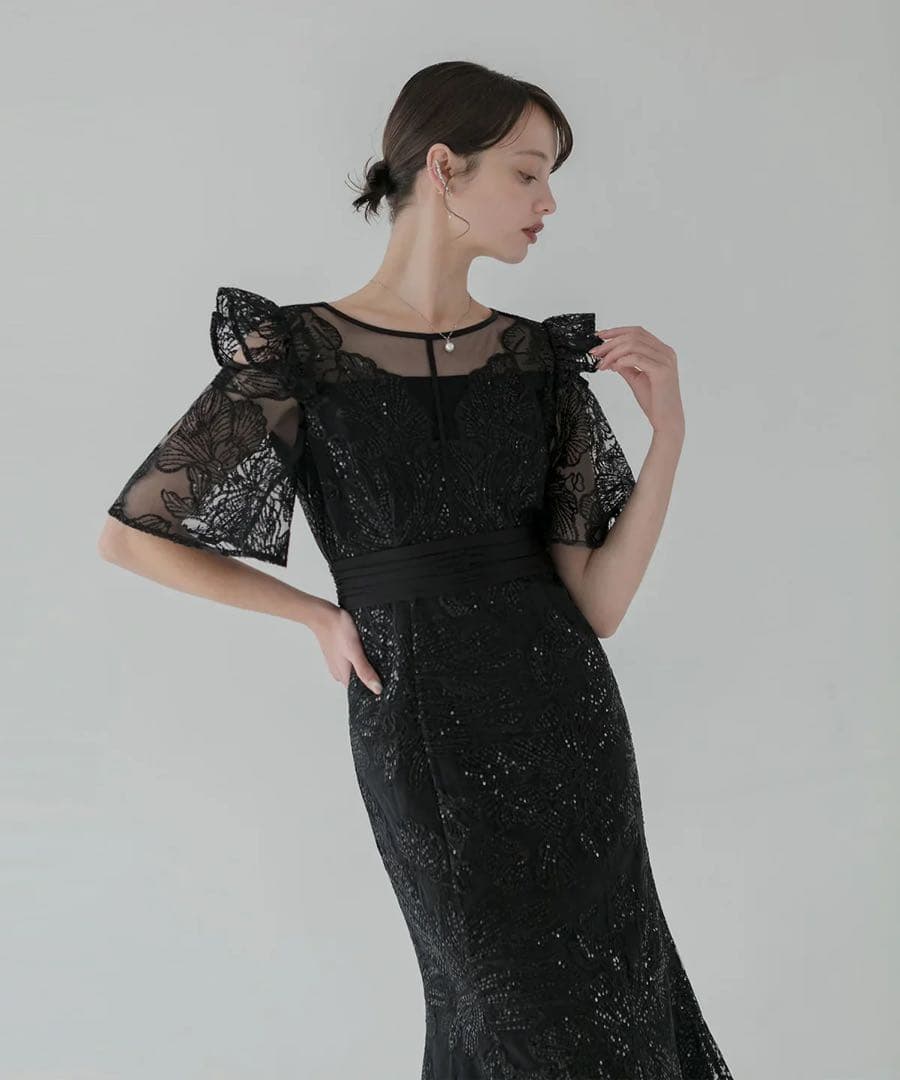 LEJA フラワーレースシアーフリルマーメイドワンピースドレス ブラック