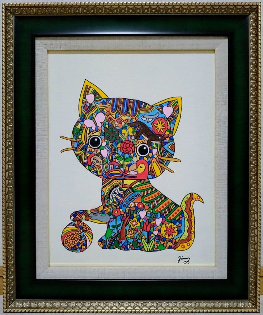 【F6号】ジミー大西【Cat】手描き作品/表裏サイン/油彩/アクリル/絵画/額縁