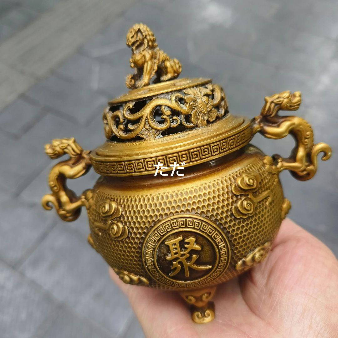 銅器 獅子蓋聚宝盆双耳三足香炉 銅炉 室内薫香炉 工芸品 置物
