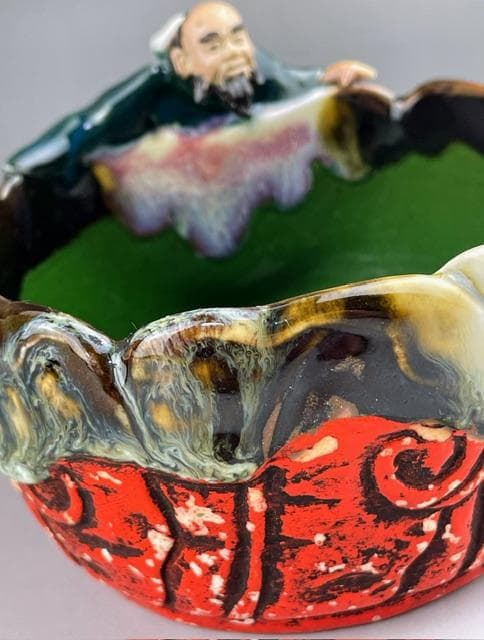 【希少】隅田焼 高浮彫人物立体造形焼物 明治期 ボウル トレイ 深皿 井上良斎