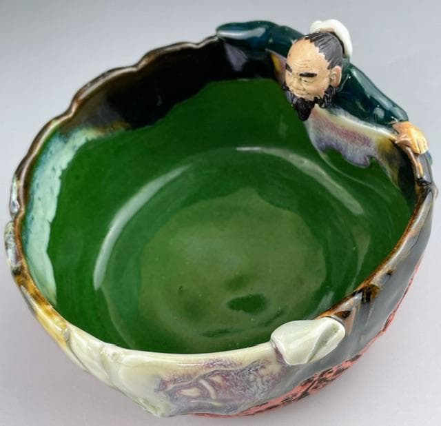 【希少】隅田焼 高浮彫人物立体造形焼物 明治期 ボウル トレイ 深皿 井上良斎