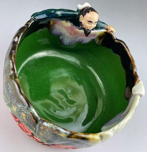 【希少】隅田焼 高浮彫人物立体造形焼物 明治期 ボウル トレイ 深皿 井上良斎