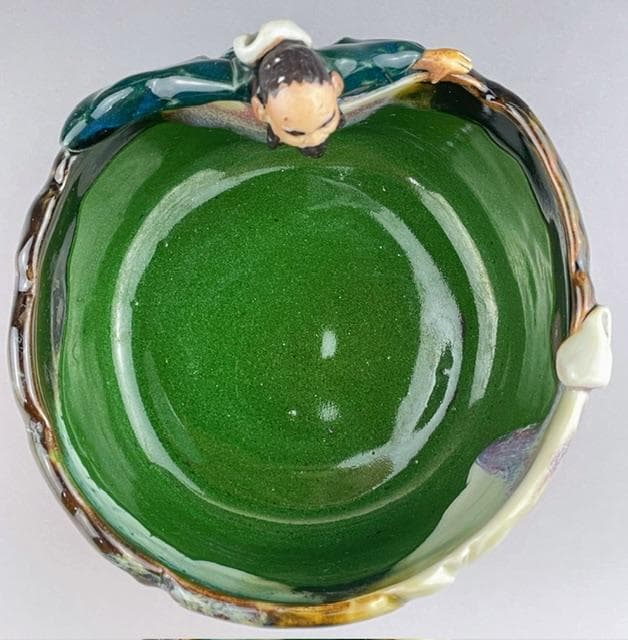 【希少】隅田焼 高浮彫人物立体造形焼物 明治期 ボウル トレイ 深皿 井上良斎