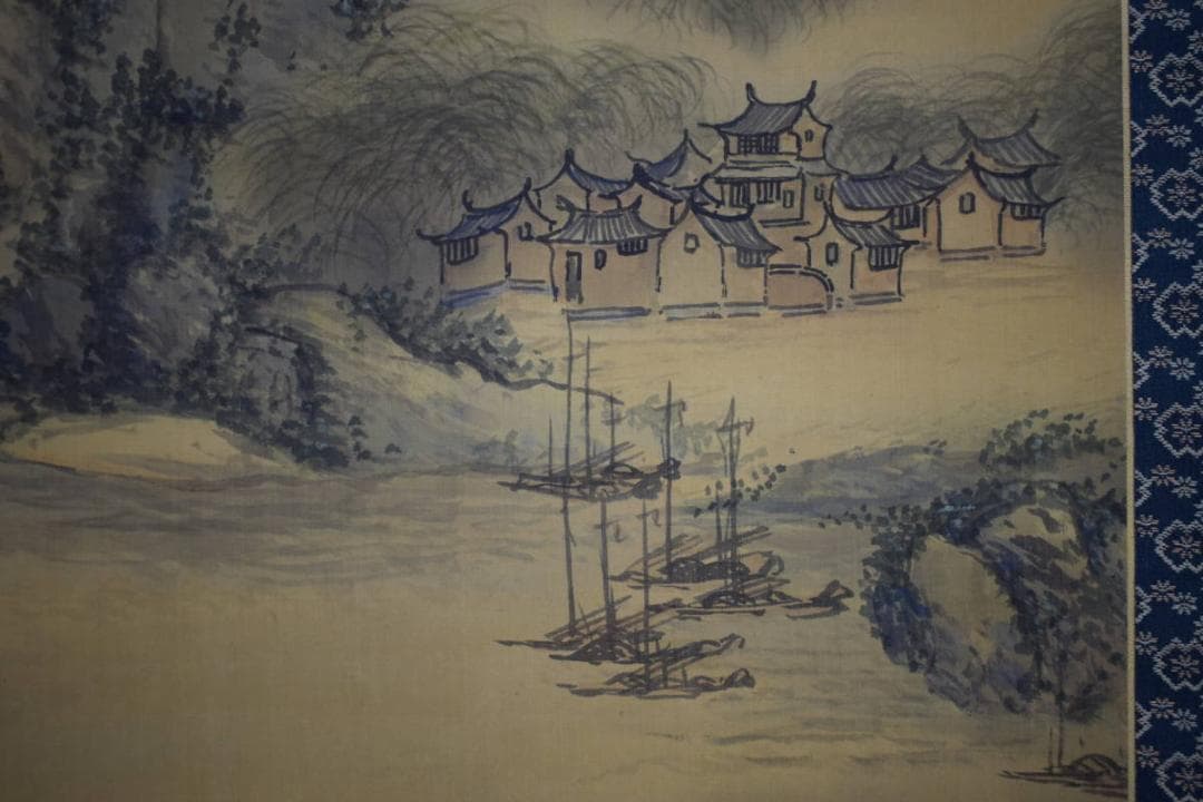 真作/田崎草雲/山水帆船図/絹表装/軸先紫檀/布袋屋掛軸HH-422