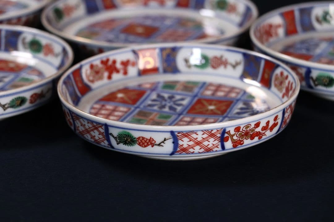 時代 大聖寺伊万里 奇玉宝鼎之珍 錦手小紋小皿 五客 12cm 色絵 MA407