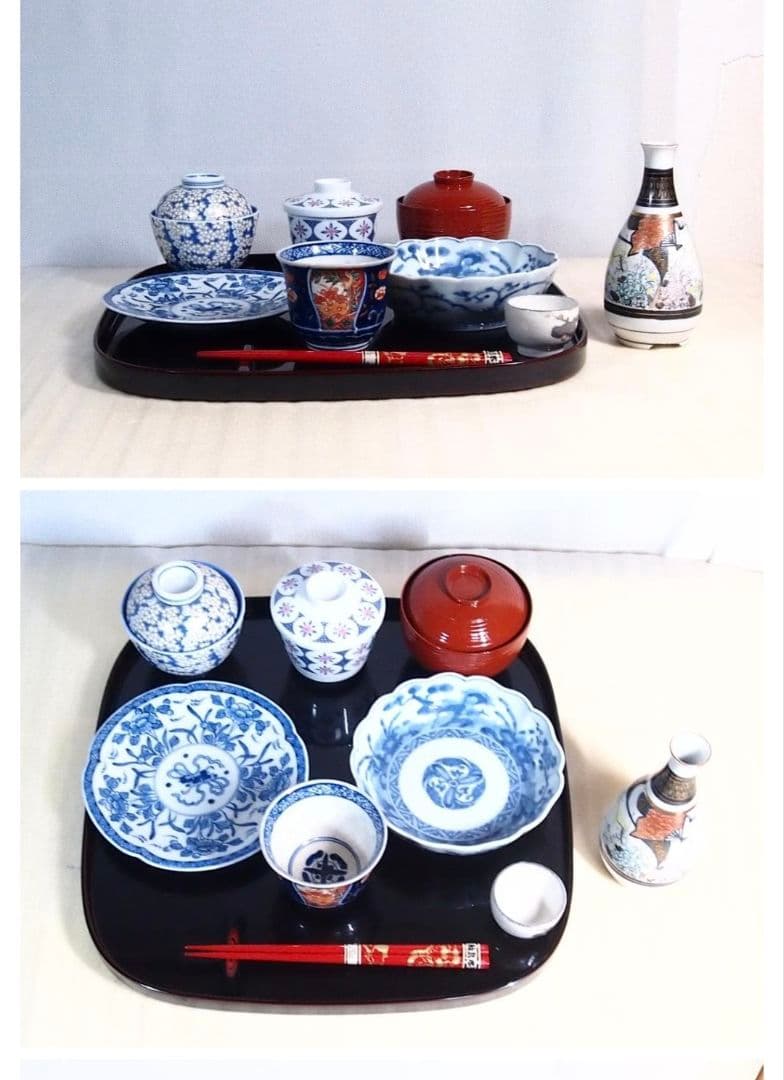 輪島塗 溜塗 会席盆　5客 銘々膳 盆 木製漆器 木箱　茶道具