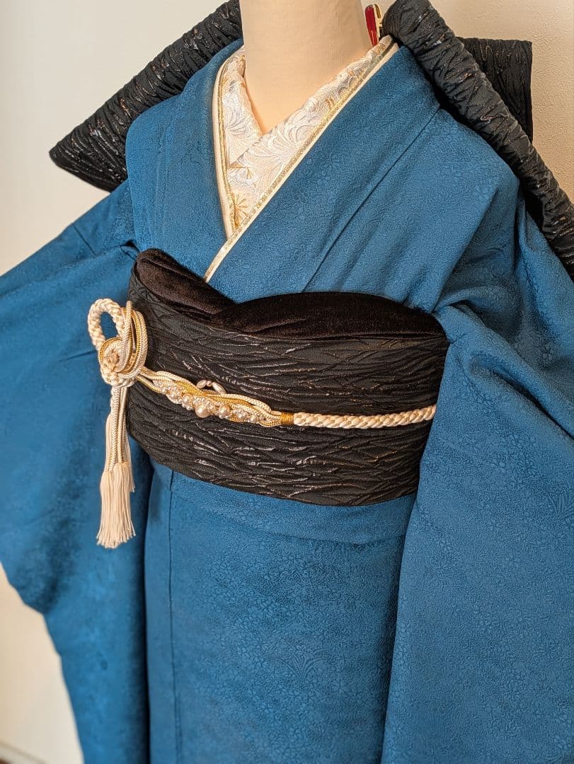 振袖フルセット 身丈152裄64 色無地振袖 青藍色 地紋 やまと誂え 成人式