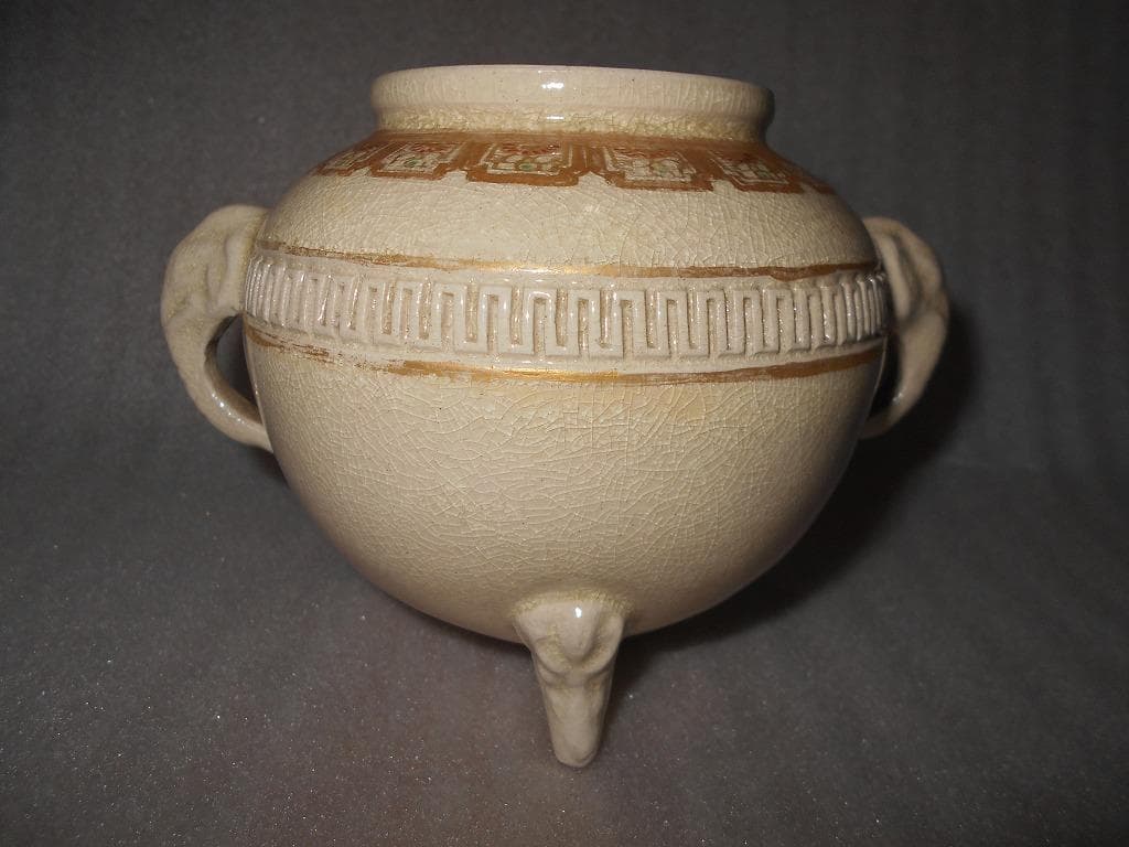 薩摩焼　透かし彫り　象双耳　金彩　香炉　茶道具