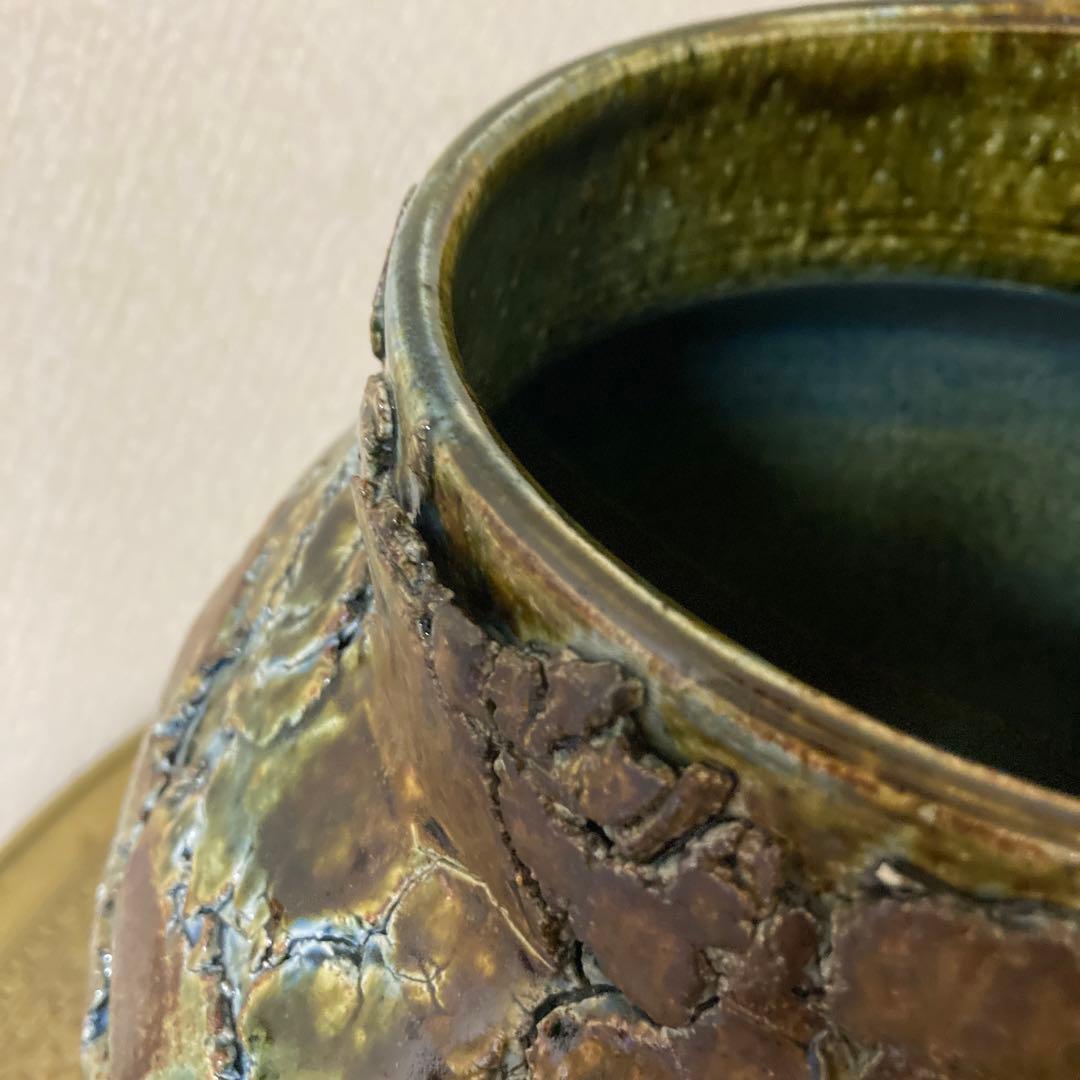 瀬戸焼　末広窯　中島翁介　緑釉花瓶　飾り壺　特大　高さ32㌢　烈紋