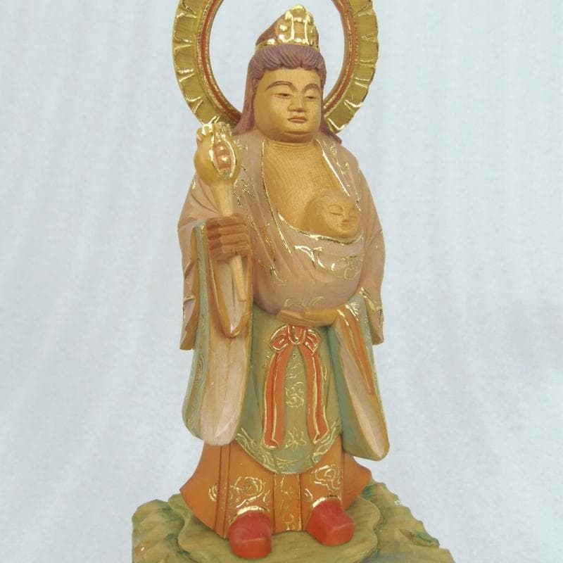 中間決算大特価優しいお顔★桧材 子安鬼子母神3.5寸 淡彩色★約21.5cm