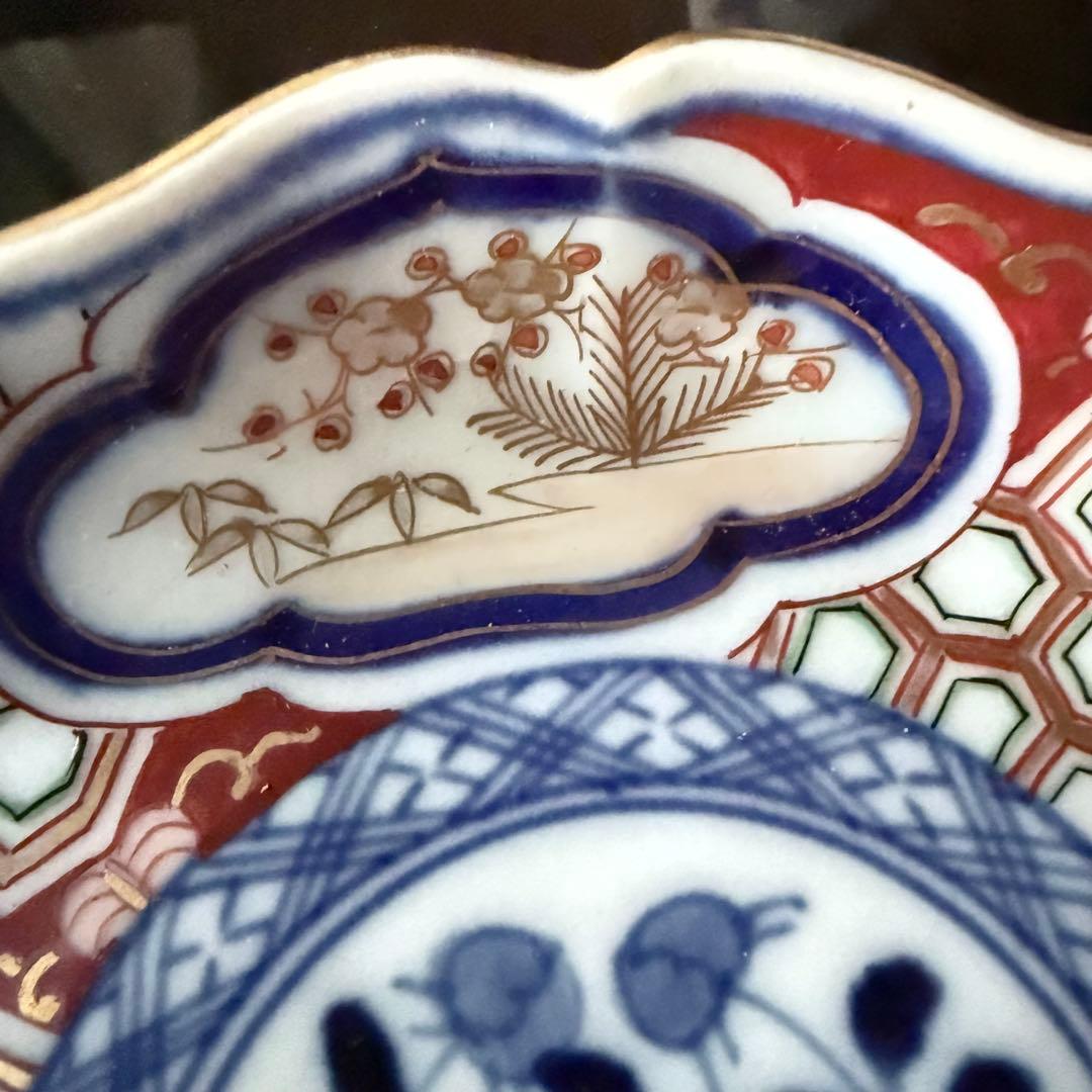 超限定2日20時迄❣旧家蔵出江戸期最上手牡丹と亀甲❌松竹梅大聖寺伊万里小皿5客