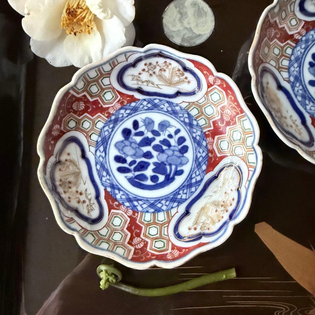 超限定2日20時迄❣旧家蔵出江戸期最上手牡丹と亀甲❌松竹梅大聖寺伊万里小皿5客