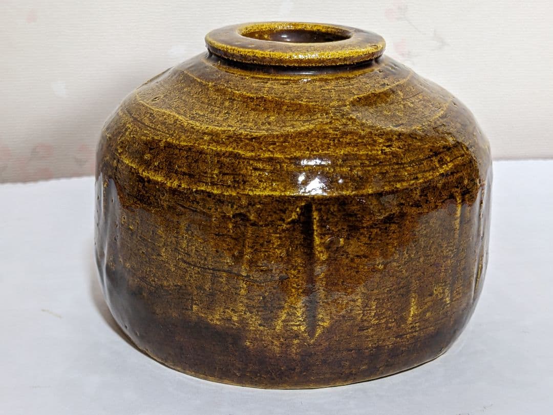 ♦茶道具 京焼 清水焼 二代 吉村楽入作 飴釉 山水図 篦彫り 抹茶碗 骨董品