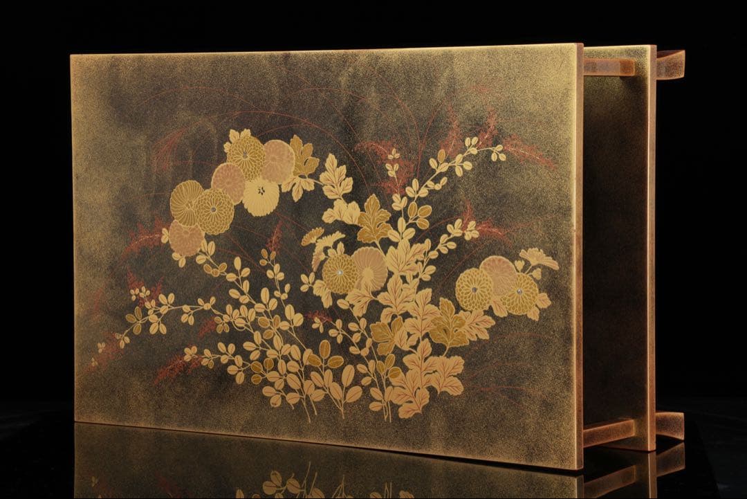 金蒔絵螺鈿黒漆 二段平卓 文机 花台 飾台 茶道具 木箱付 幅52.5㎝ 工芸品