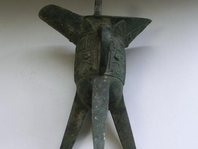 発掘品■爵杯【爵】古青銅製三つ足 周期 酒杯 立ち盃 古代紋副葬品 古玩 唐物■