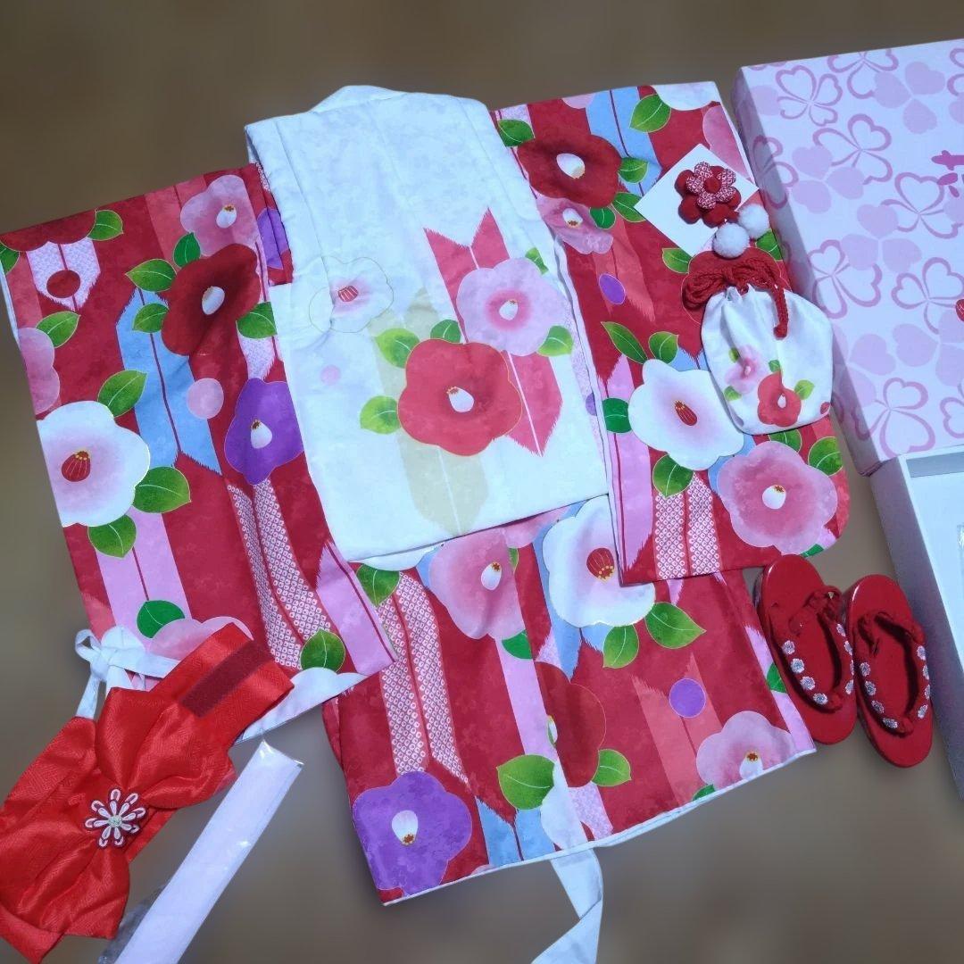 三歳★花ひめ★椿と矢羽根★被布着物小物フルセット★赤ピンク