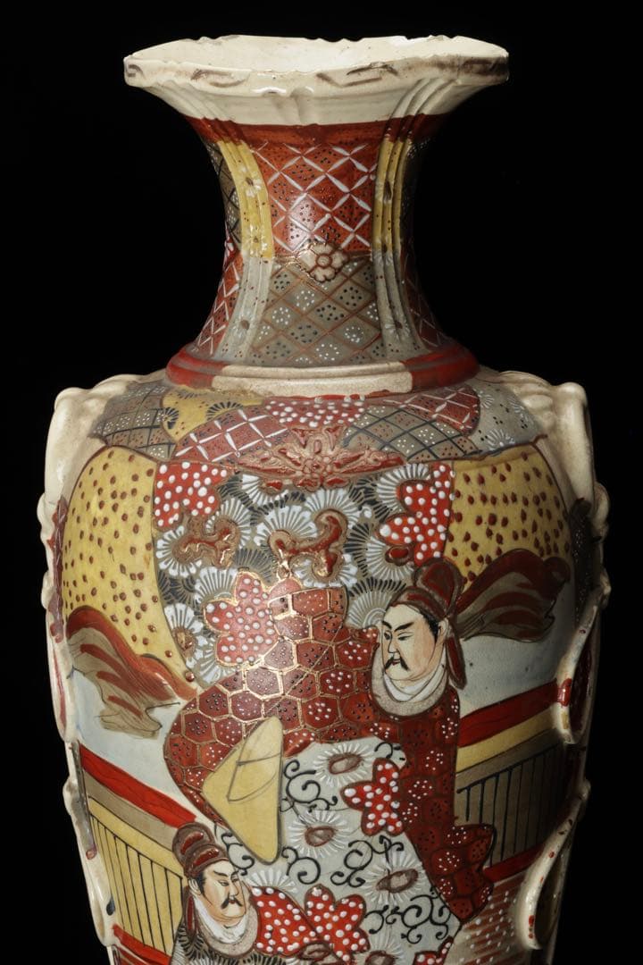 薩摩焼 色絵金彩 武者人物図大花瓶 54㎝ 耳付 飾壺 古美術 骨董品 時代物