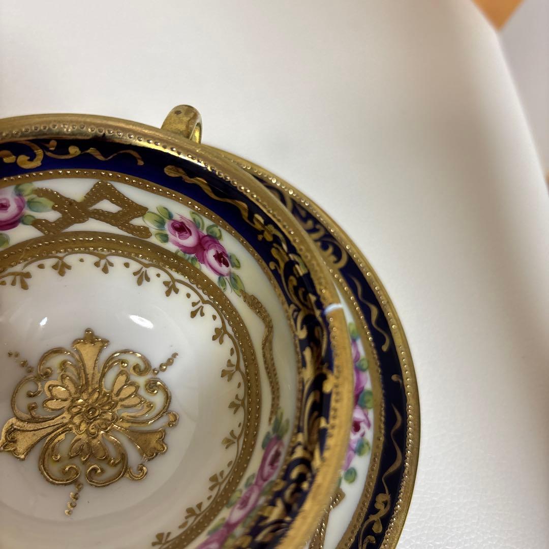 オールドノリタケ 金盛上・コバルト薔薇図紋　カップソーサー2客セット