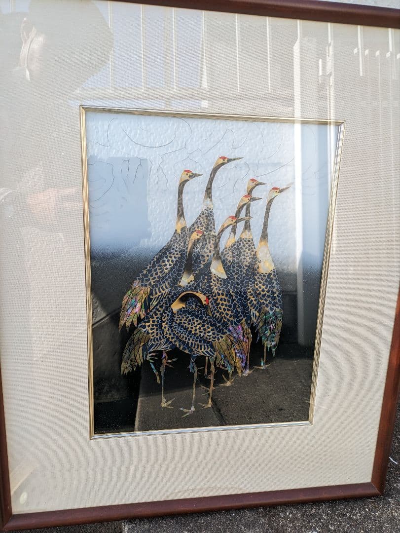 レア美品　螺鈿画　タンチョウ鶴額入り