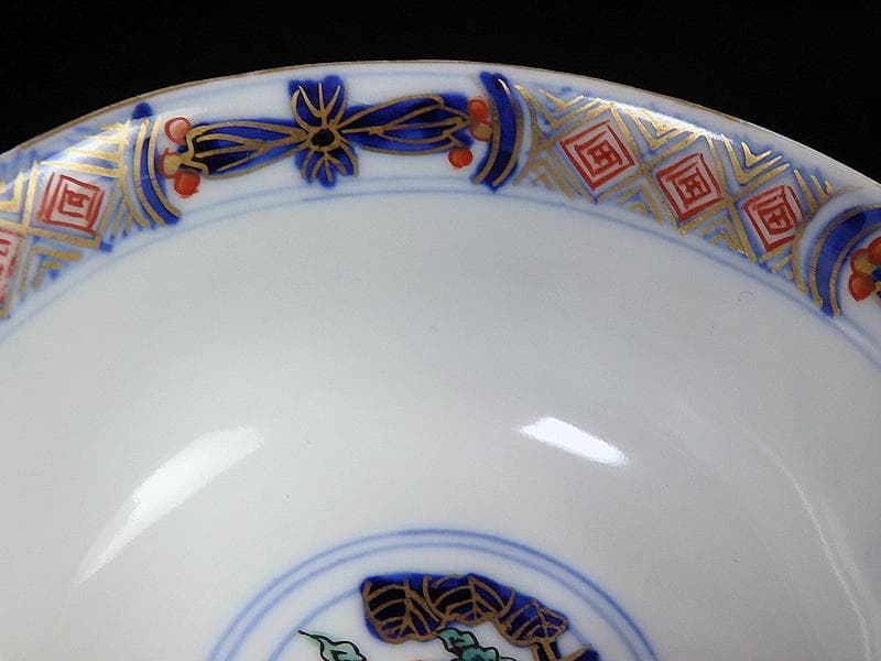 古伊万里　金襴手　陽刻　窓絵　花の図　蓋茶碗　２客　E114AS-CEk