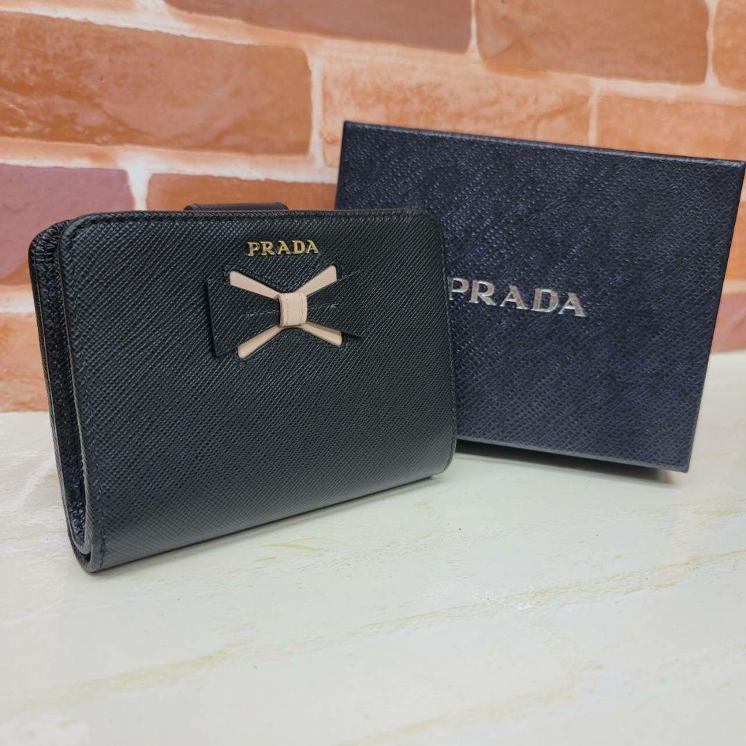 ほぼ未使用PRADA☆鑑定済☆サフィアーノ リボン 黒 1ML018プラダ財布