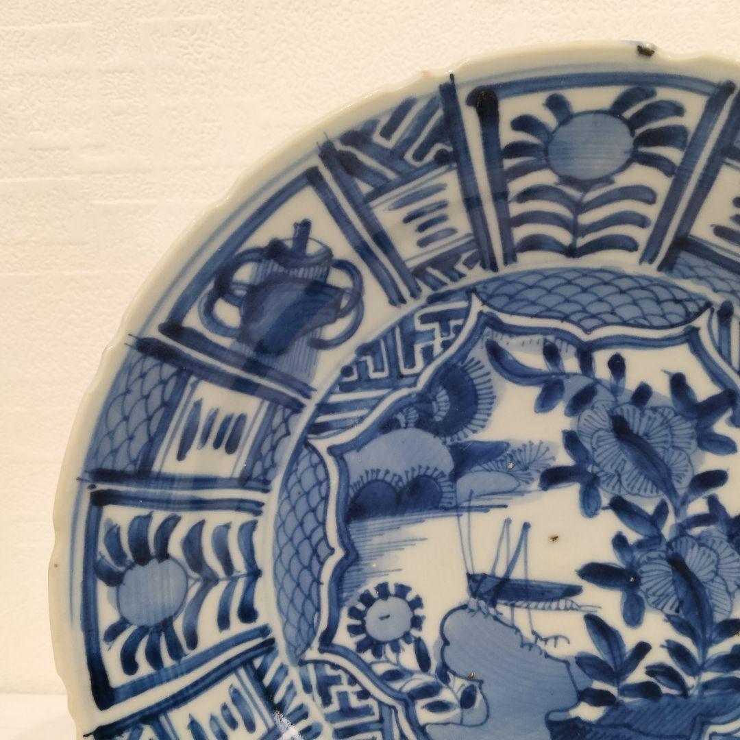 u348-6　中国 清朝期 古染付 芙蓉手 飛蝗文大皿 時代唐物　Q