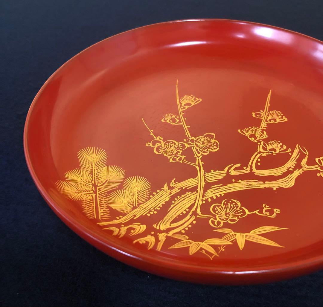 割引❗️《R》洗朱 沈金松竹梅図 銘々皿10客 木製漆器 250807F5