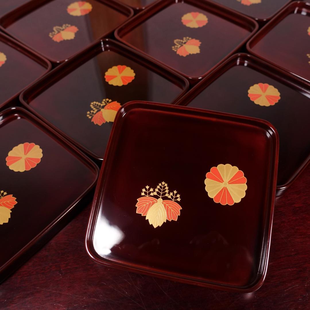 輪島塗 溜塗 高台寺蒔絵 角皿 10客 天然木製漆器