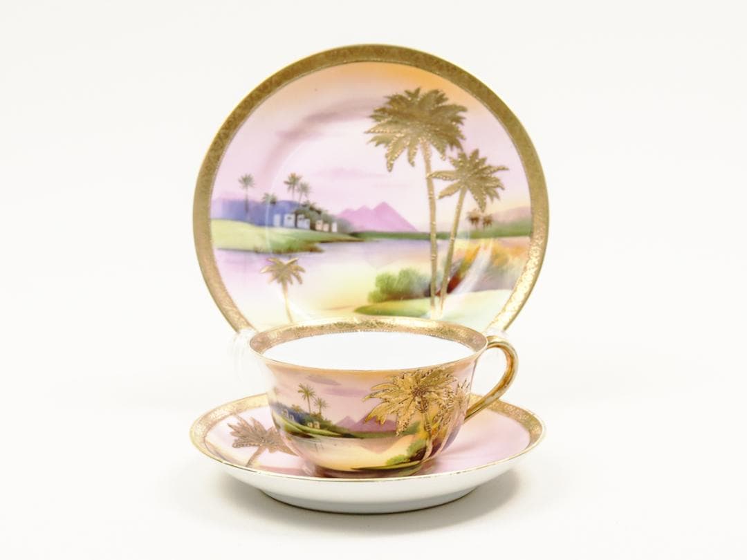 オールドノリタケ 金盛上ヤシの木湖畔 トリオ カップ ソーサー プレート
