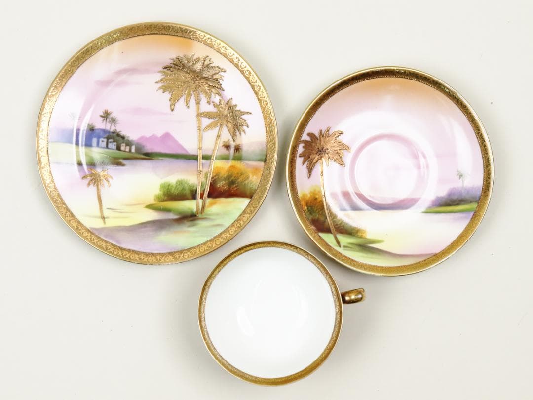 オールドノリタケ 金盛上ヤシの木湖畔 トリオ カップ ソーサー プレート