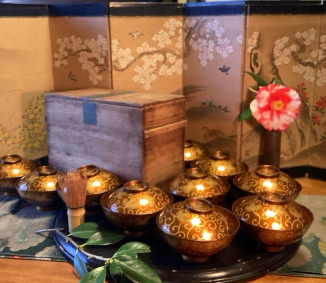 A1033 木製輪島塗　懐石道具　総梨地　松葉唐草　蒔絵　吸物椀　　5客