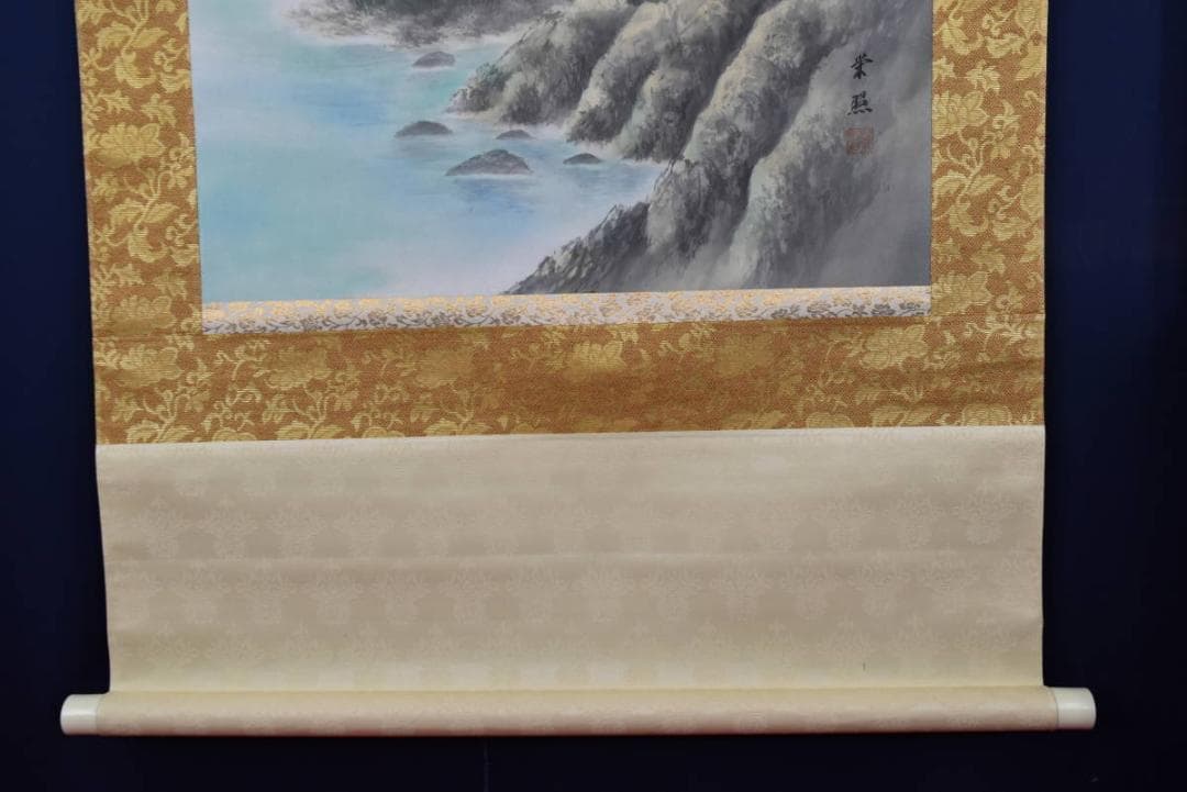 【真作】綾部栄照/彩色山水図/山水漁舟図/幅広/掛軸☆宝船☆AA-978