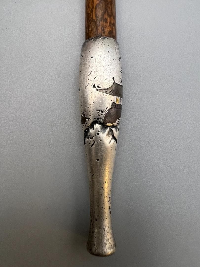 銀製　煙管　キセル　山風景図　赤銅金象嵌　銀細工　アンティーク　重量約32g