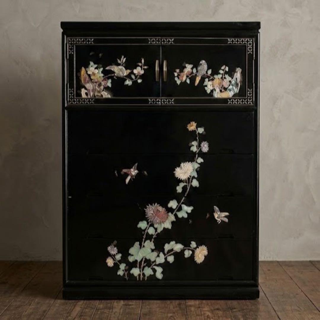 黒塗　螺鈿箪笥　玉石木製箪笥　花鳥装飾 4段　開戸１段