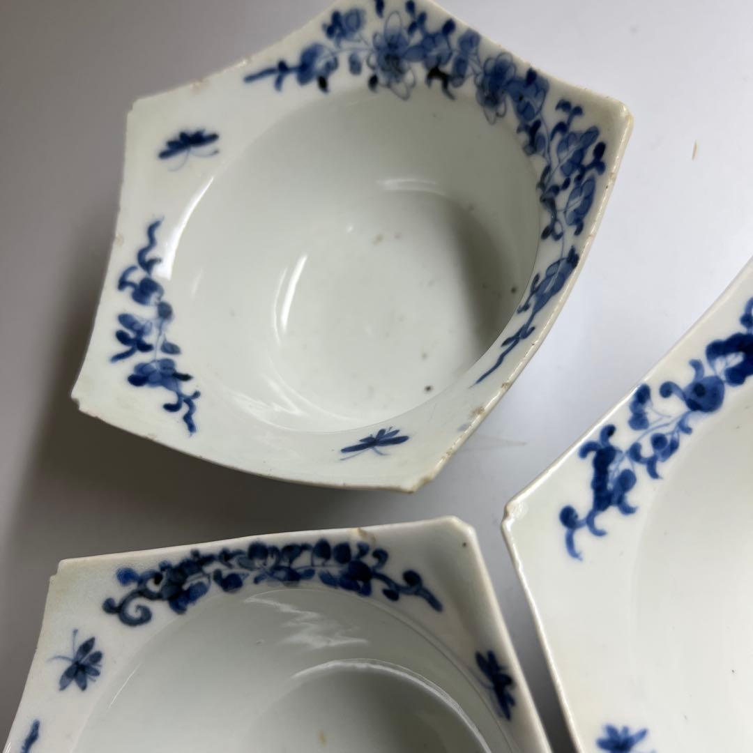 江戸中期　藍柿右衛門花唐草向付六客　木箱付　幅約10.5㎝東Y8-0123☆2F