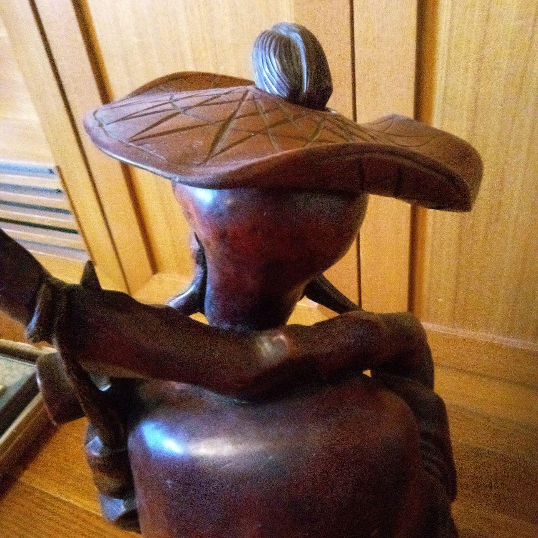 アンティーク木製老人像 大きな帽子と杖付き