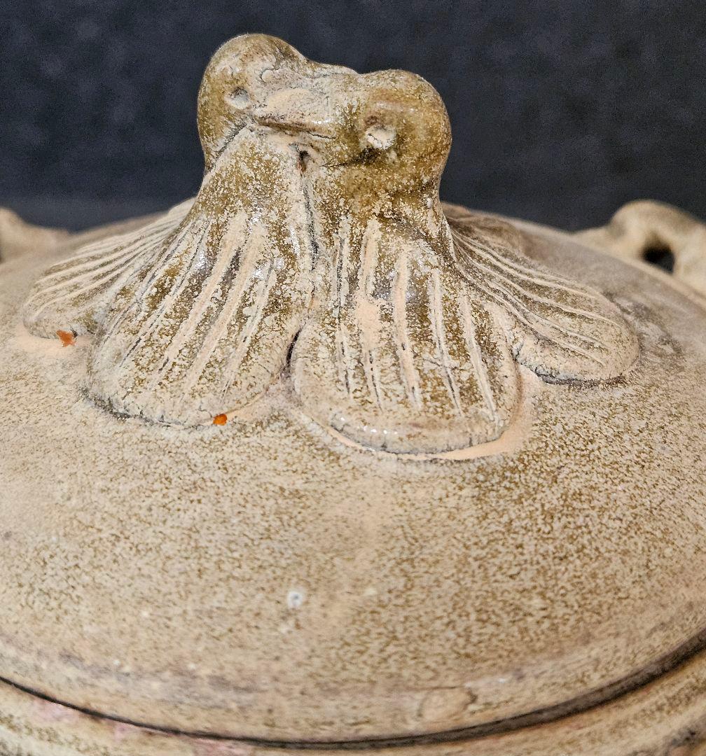 【名品❗】中国古陶磁器　宋時代　古越州窯　ツガイ鳥摘み　亀甲文　四耳　蓋物　香炉