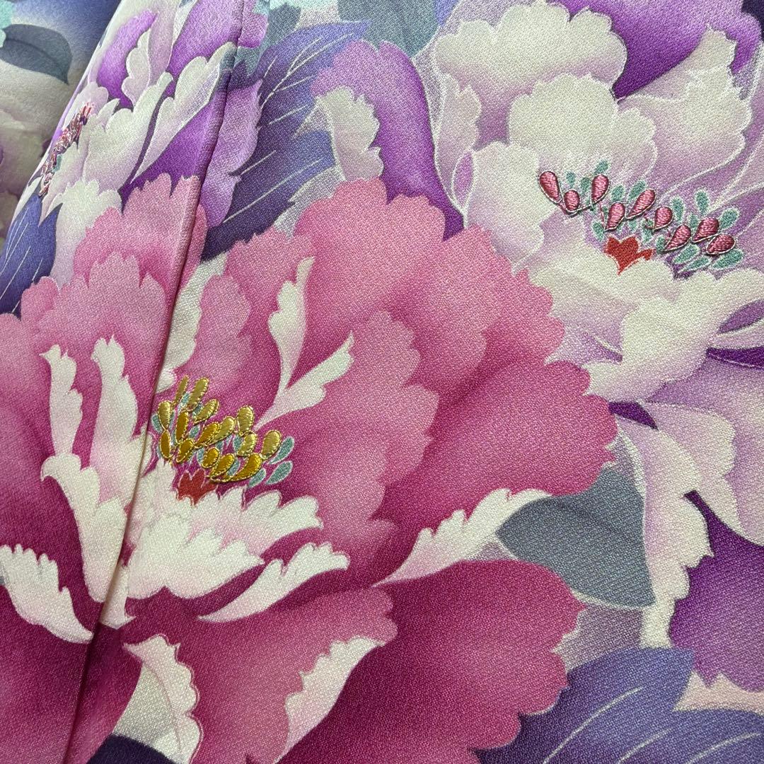 20 振袖フルセット 正絹 ブルー 青紫 赤紫 銀彩 刺繍 暈し染め 華やか