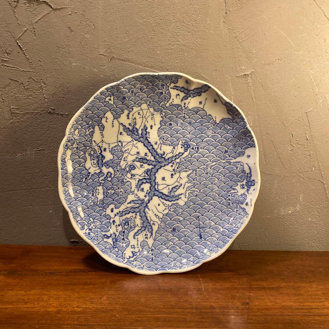 明治 骨董印判皿 22cm 九州地図柄 鉄道路線図 コレクション 稀少