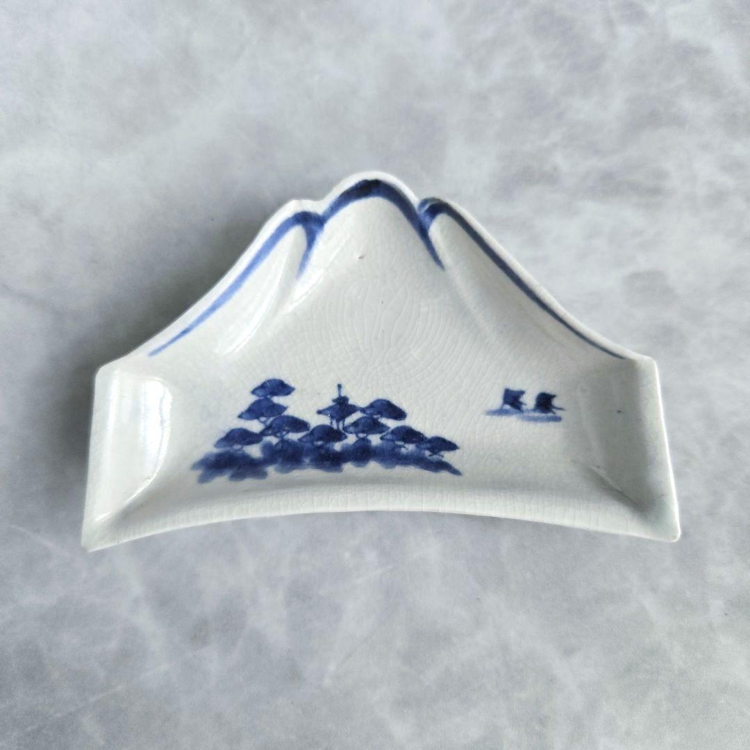 古伊万里　染付　変形小皿　富士山　江戸時代　松原　骨董　金継ぎ　アンティーク