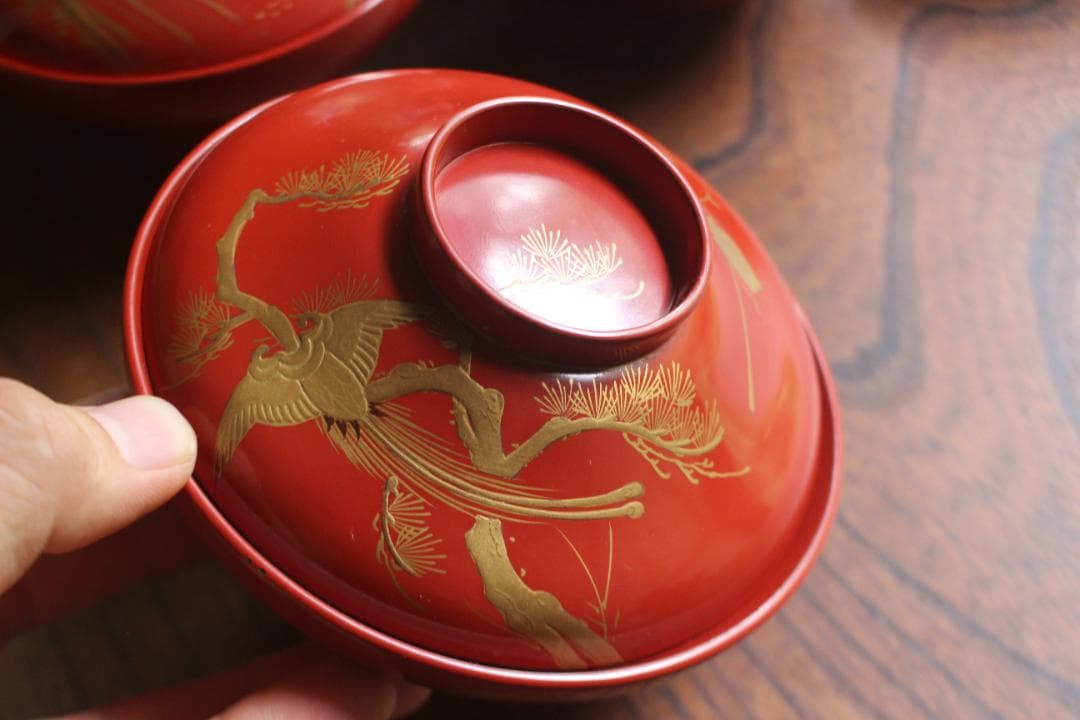 絵柄選択可！時代朱漆に優美な絵替風物蒔絵の映えるお椀7点（検輪島塗蒔絵椀