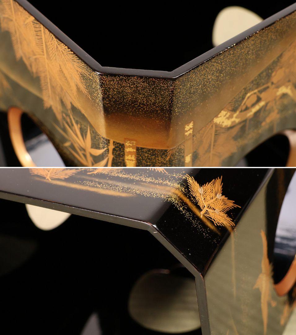 漆芸 松竹梅鶴金蒔絵 花七宝 三宝台 三方台 天然木製漆塗 供物台【MB111】