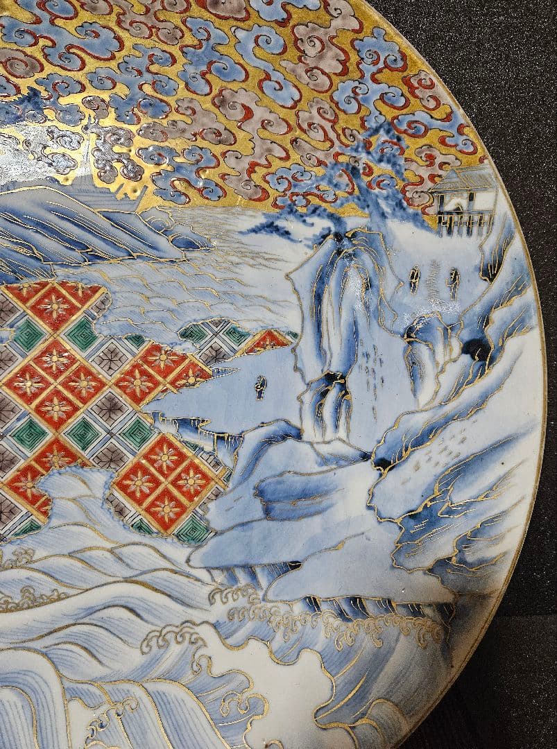 【名品❗】江戸末期～明治初期　古伊万里　金襴染錦　桜に雲錦大波市松文　最上作大皿