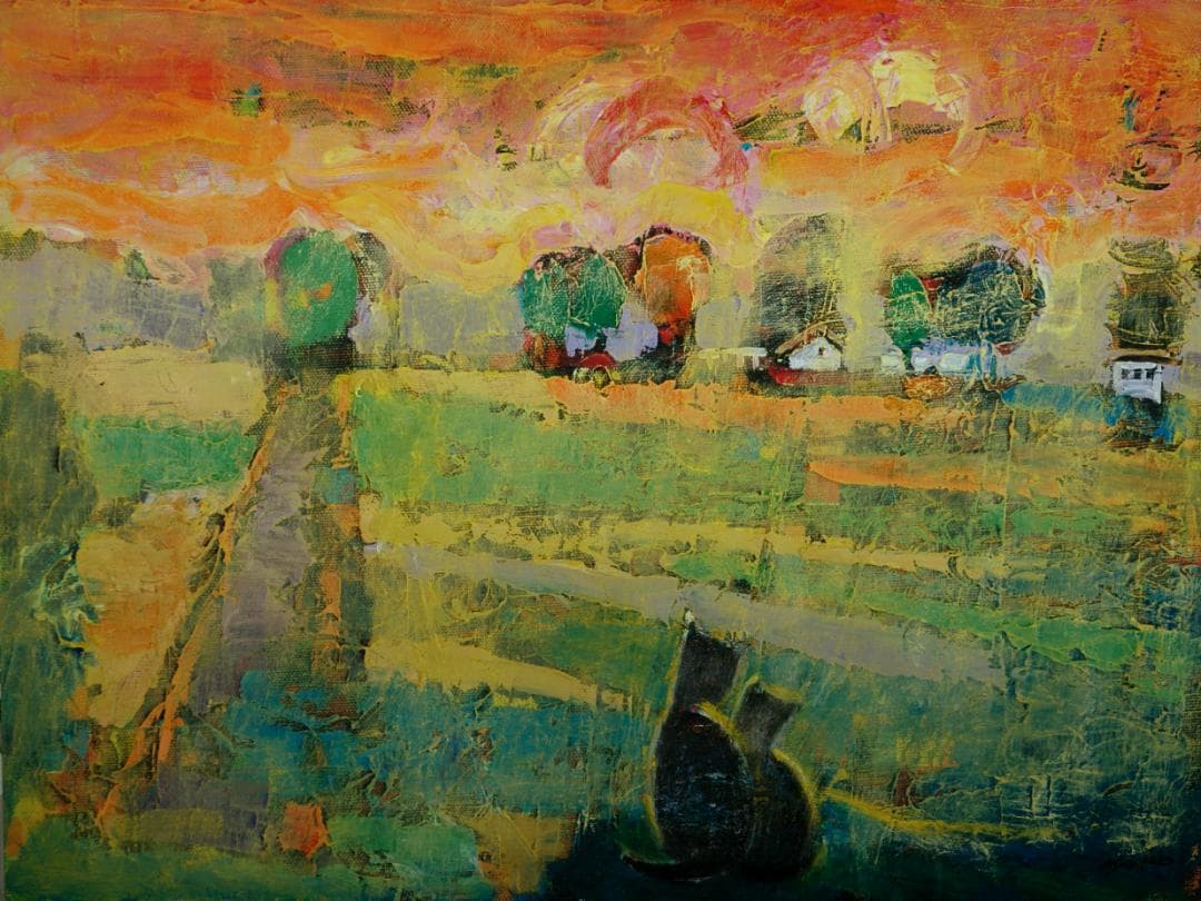 油絵 菅家令子 絵 絵画 インテリアuF6-070919 夕陽(朝陽)と猫の親子