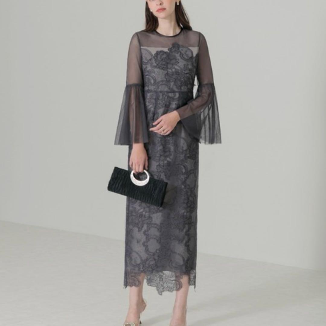 Leja シアープリーツスリーブIラインワンピースドレス グレー レーススリット