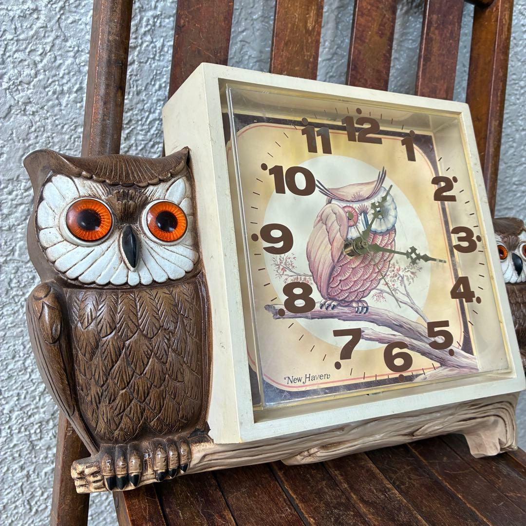 レアBIG！60s〜70s フクロウ親子の壁掛け時計　梟アメリカアンティーク雑貨