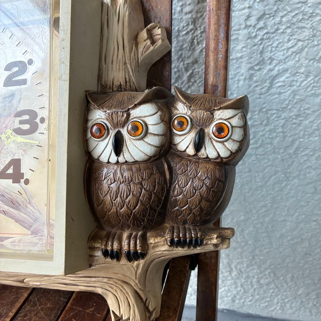 レアBIG！60s〜70s フクロウ親子の壁掛け時計　梟アメリカアンティーク雑貨