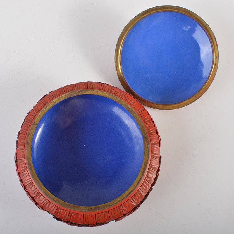 中国　剔紅　堆朱　堆黒　内七宝　花文　蓋物　M　R6751