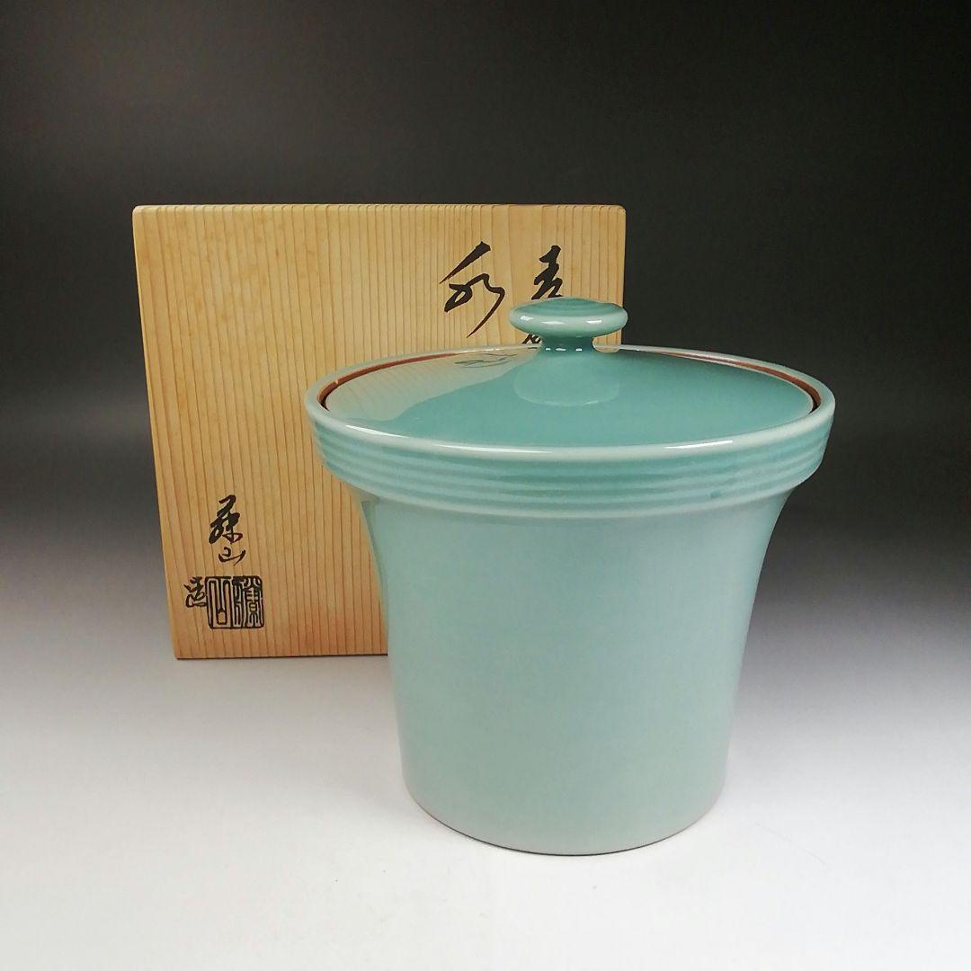 Ｗ１１８　水指　『青磁　末広』『藤山 造』　共箱　茶道具